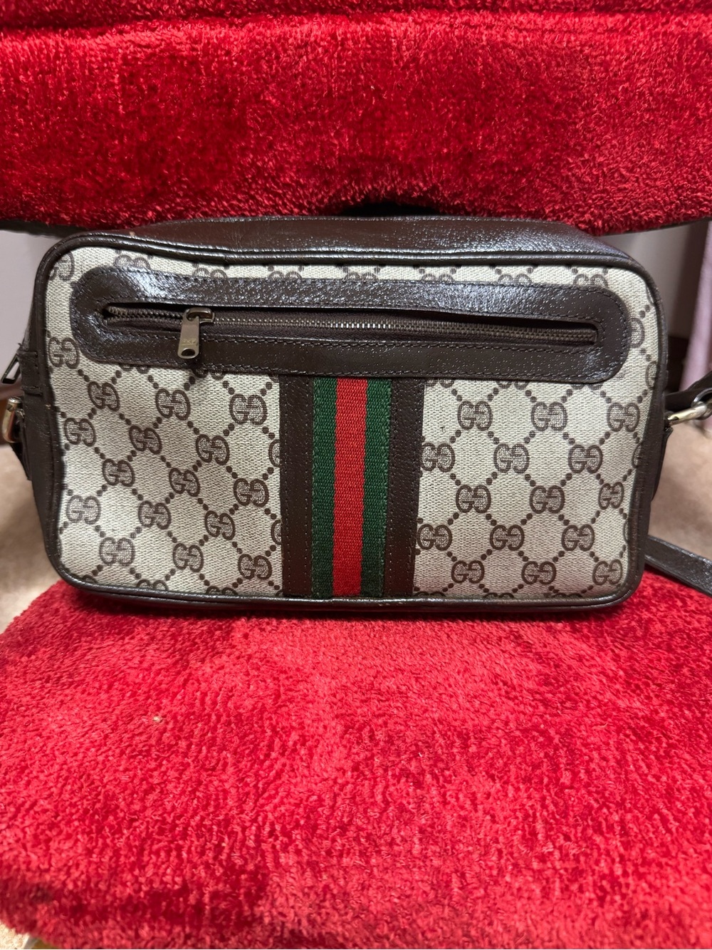 Gucci Beige GG Supreme Messenger Bag with Red and Green Web